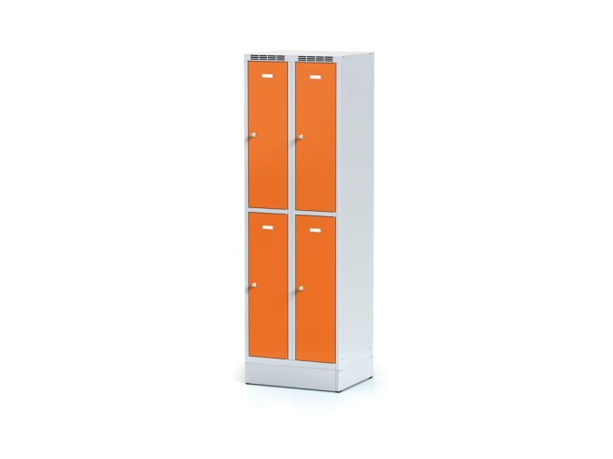Kovová šatní skříňka s úložnými boxy na soklu, 4 boxy, 1920 x 600 x 500 mm, cylindrický zámek, oranžové dveře