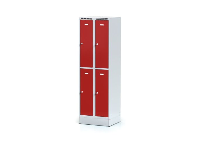 kovova satni skrinka s uloznymi boxy na soklu 4 boxy 1920 x 600 x 500 mm cylindricky zamek cervene dvere 11256