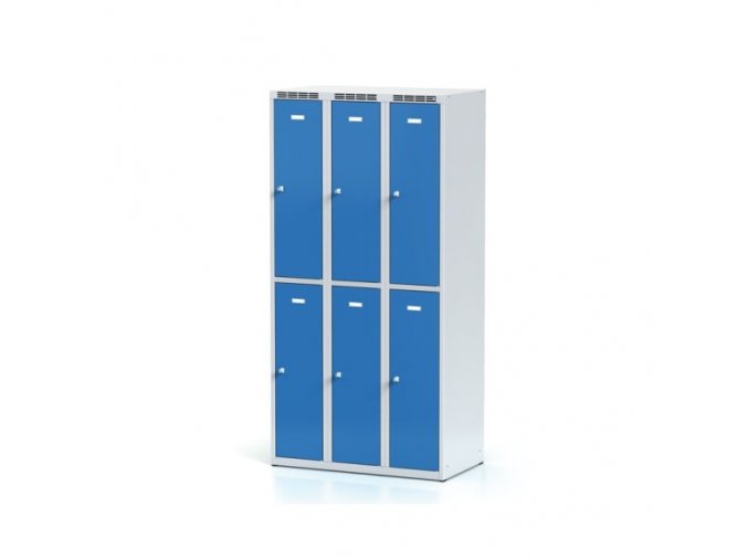 Kovová šatní skříňka s úložnými boxy, 6 boxů, modré dveře, otočný zámek