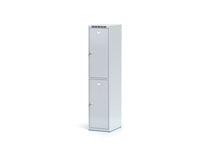 Šatní skříňka s úložnými boxy, 2 boxy, 1800 x 400 x 500 mm, otočný zámek, šedé dveře