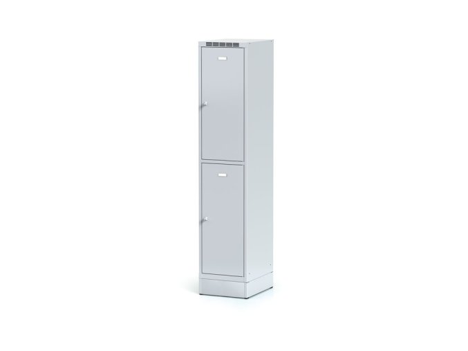 Šatní skříňka s úložnými boxy na soklu, 2 boxy, 1920 x 400 x 500 mm, cylindrický zámek, šedé dveře