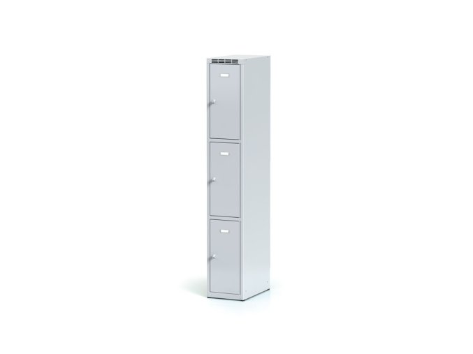 Šatní skříňka s úložnými boxy, 3 boxy, 1800 x 300 x 500 mm, otočný zámek, šedé dveře