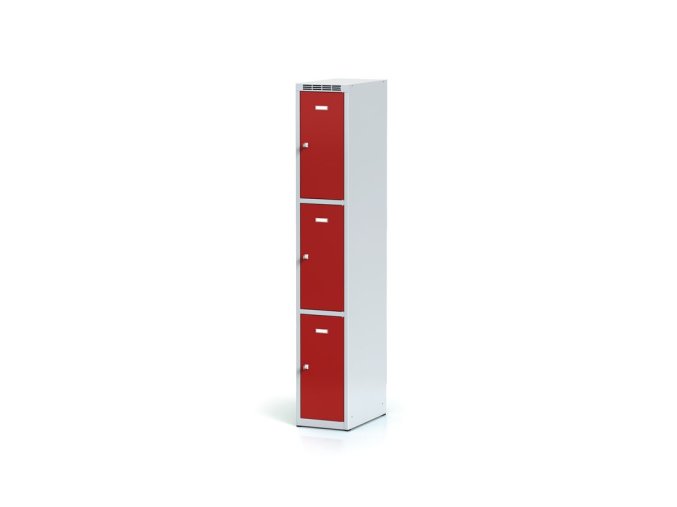 Šatní skříňka s úložnými boxy, 3 boxy, 1800 x 300 x 500 mm, cylindrický zámek, červené dveře