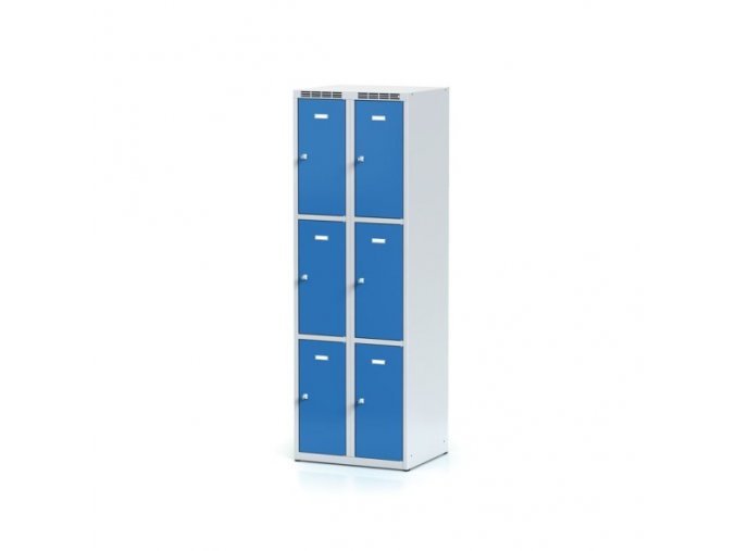 Plechová šatní skříňka s úložnými boxy, 6 boxů, modré dveře, otočný zámek