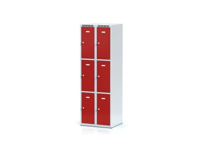 Plechová šatní skříňka s úložnými boxy, 6 boxů, červené dveře, cylindrický zámek