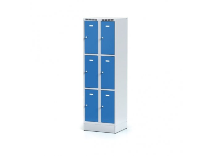 Plechová šatní skříňka na soklu s úložnými boxy, 6 boxů, modré dveře, cylindrický zámek