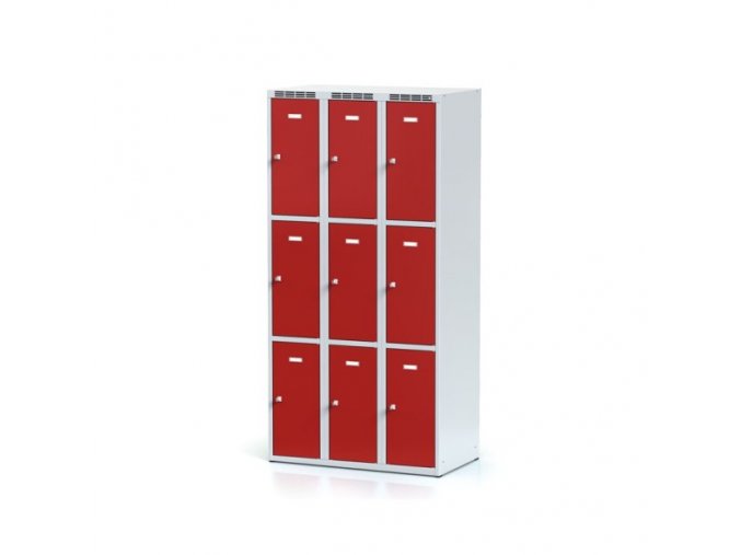 Šatní skříňka s úložnými boxy, 9 boxů, červené dveře, otočný zámek