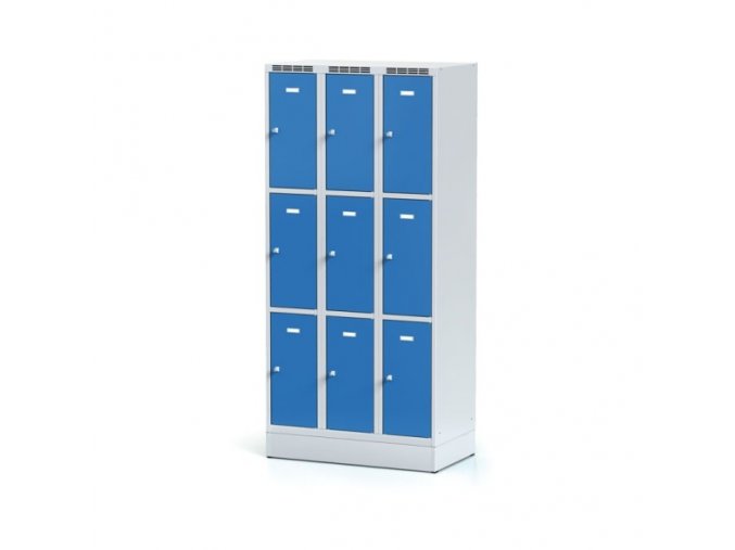 Šatní skříňka na soklu s úložnými boxy, 9 boxů, modré dveře, cylindrický zámek