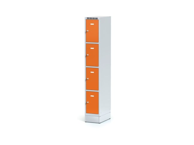 Šatní skříňka s úložnými boxy na soklu, 4 boxy, 1920 x 300 x 500 mm, cylindrický zámek, oranžové dveře