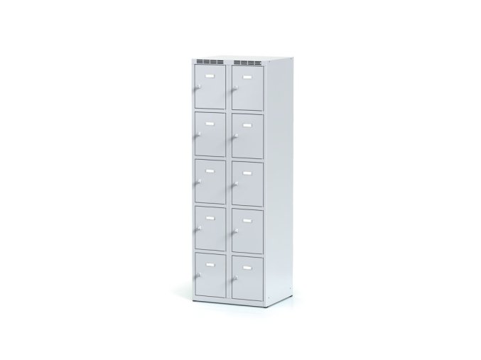 Šatní skříňka s úložnými boxy, 10 boxů, 1800 x 600 x 500 mm, cylindrický zámek, šedé dveře