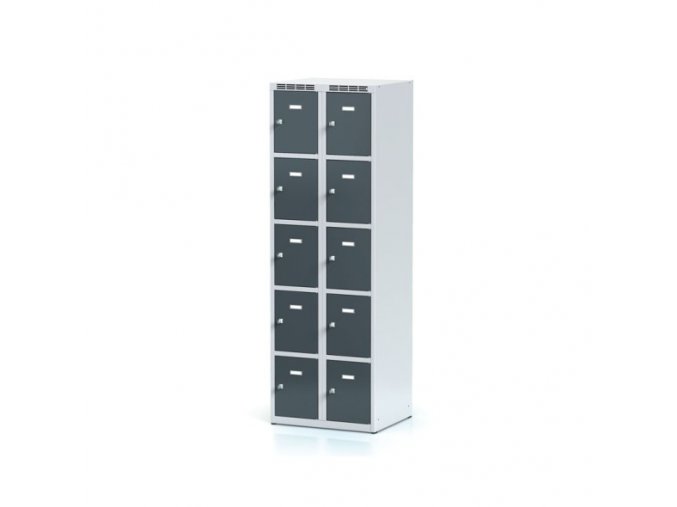 Šatní skříňka s úložnými boxy, 10 boxů, tmavě šedé dveře, cylindrický zámek