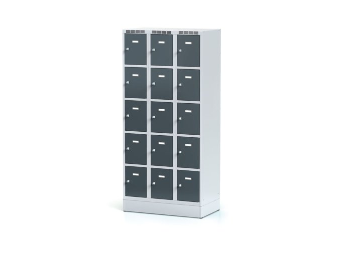 satni skrinka s uloznymi boxy na soklu 15 boxu 1920 x 900 x 500 mm cylindricky zamek tmave sede dvere 12785