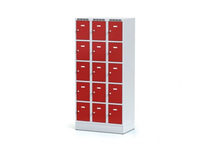 Šatní skříňka na soklu s úložnými boxy, 15 boxů, červené dveře, otočný zámek
