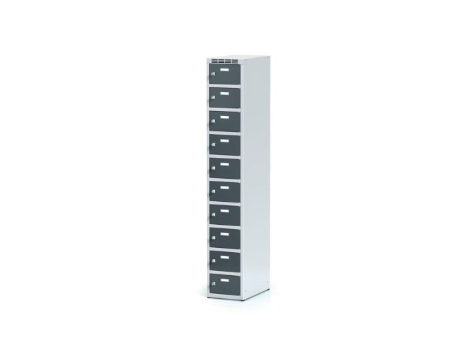Šatní skříňka s úložnými boxy, 10 boxů, 1800 x 300 x 500 mm, cylindrický zámek, tmavě šedé dveře