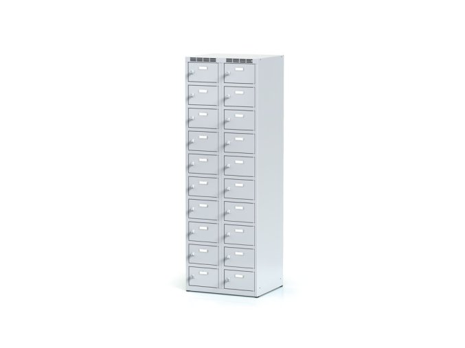 Šatní skříňka s úložnými boxy, 20 boxů, 1800 x 600 x 500 mm, otočný zámek, šedé dveře