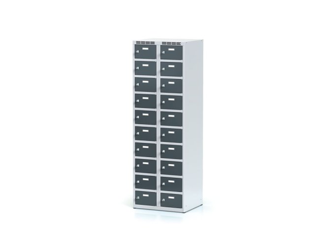 Šatní skříňka s úložnými boxy, 20 boxů, 1800 x 600 x 500 mm, cylindrický zámek, tmavě šedé dveře
