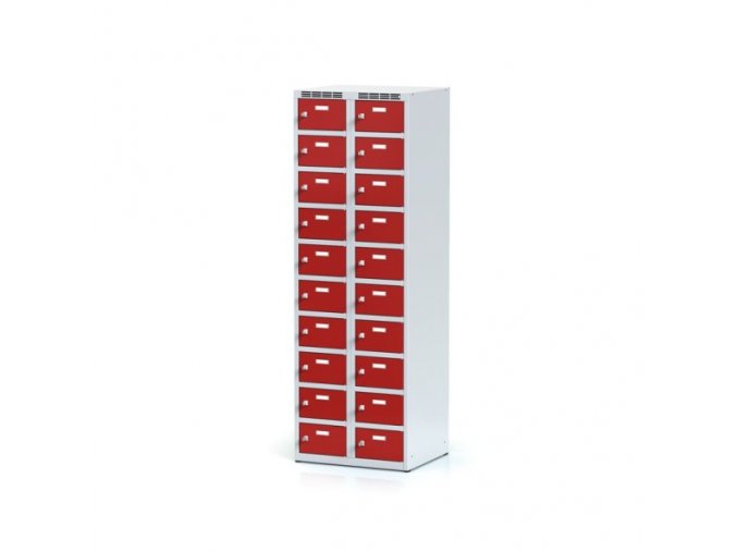 Šatní skříňka s úložnými boxy, 20 boxů, červené dveře, otočný zámek