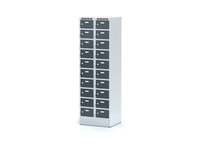 satni skrinka s uloznymi boxy na soklu 20 boxu 1920 x 600 x 500 mm otocny zamek tmave sede dvere 12747