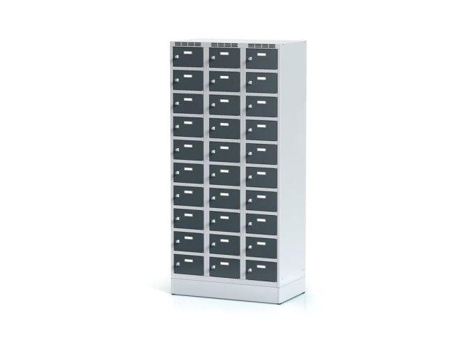 satni skrinka s uloznymi boxy na soklu 30 boxu 1920 x 900 x 500 mm otocny zamek tmave sede dvere 12749