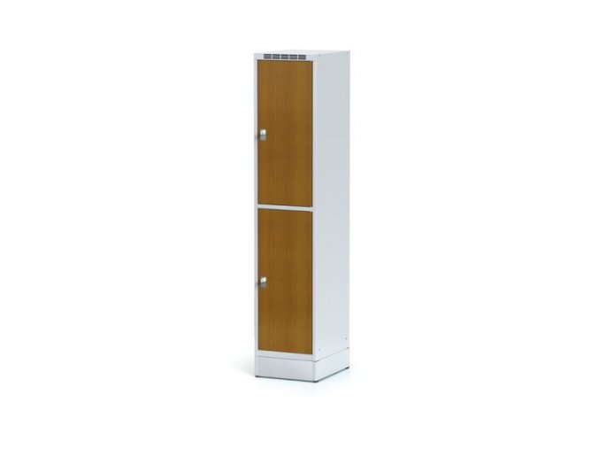 Šatní skříňka na soklu s úložnými boxy, 2 boxy 400 mm, laminované dveře třešeň, cylindrický zámek
