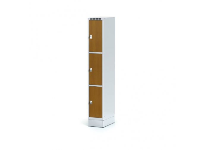 Šatní skříňka na soklu s úložnými boxy, 3 boxy 300 mm, laminované dveře třešeň, cylindrický zámek
