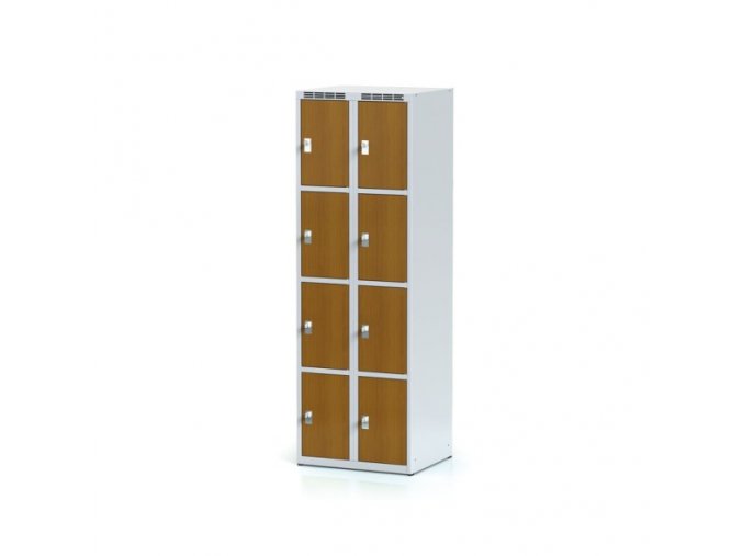 Šatní skříňka s úložnými boxy, 8 boxů 300 mm, laminované dveře třešeň, cylindrický zámek