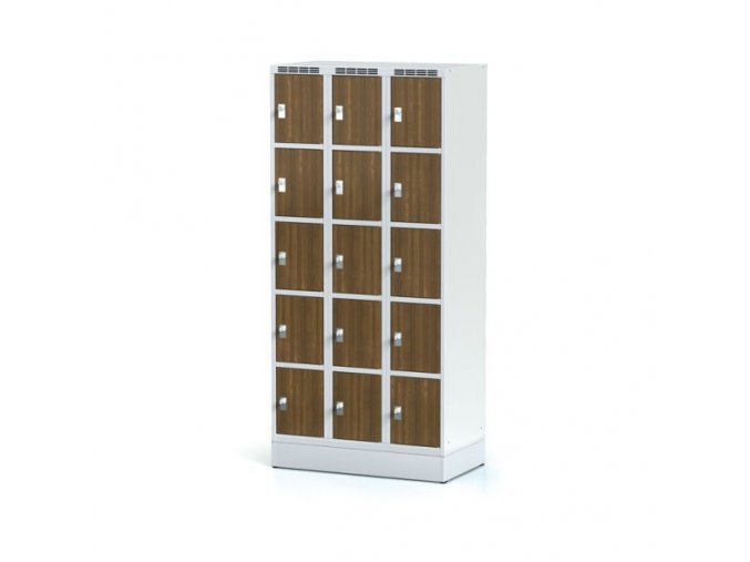 Šatní skříňka na soklu s úložnými boxy, 15 boxů 300 mm, laminované dveře ořech, cylindrický zámek