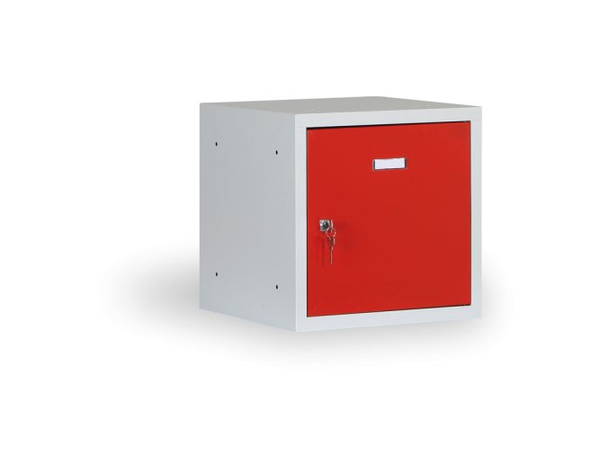 Šatní skříňka s uzamykatelným boxem 400 x 400 x 400 mm, cylindrický zámek, červené dveře