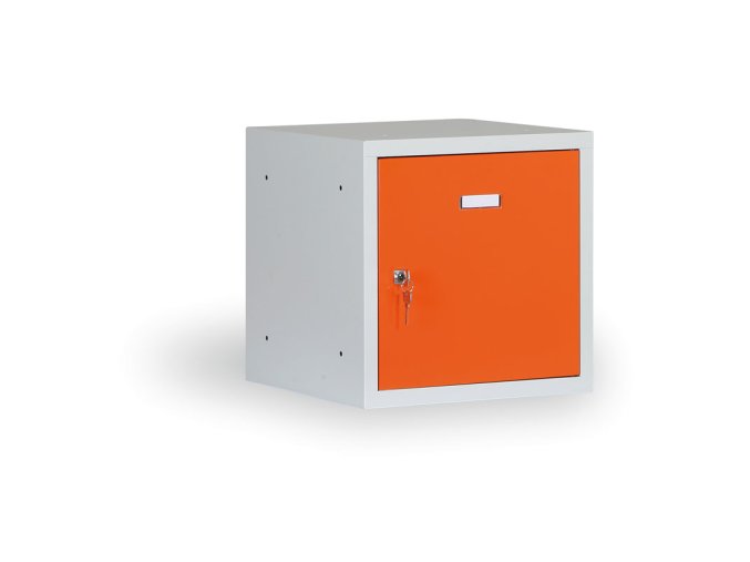 Šatní skříňka s uzamykatelným boxem 400 x 400 x 400 mm, cylindrický zámek, oranžové dveře