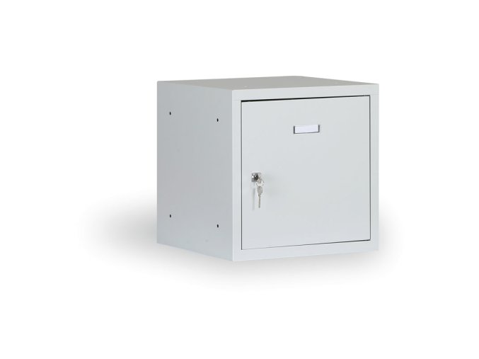Šatní skříňka s uzamykatelným boxem 300 x 300 x 300 mm, cylindrický zámek, šedé dveře