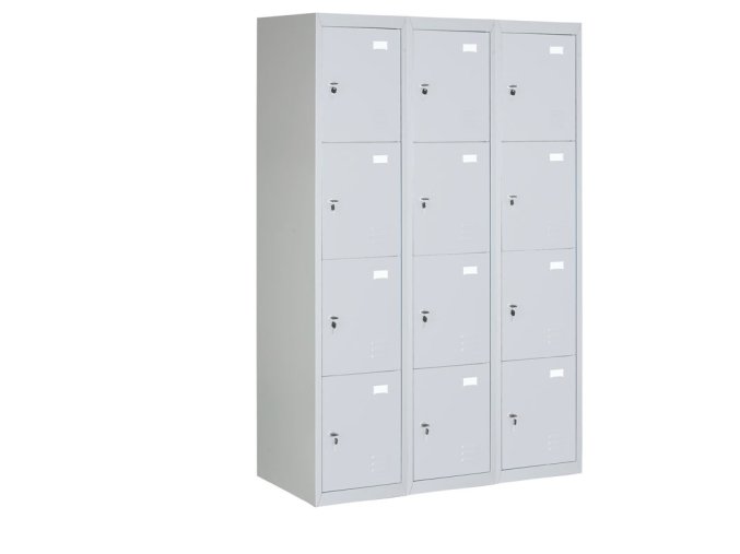 Šatní skříňka s úložnými boxy, 12 boxů, 1820 x 1140 x 500 mm, cylindrický zámek, šedé dveře