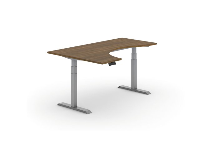 Výškově nastavitelný stůl PRIMO ADAPT, elektrický, 1800 x 1200 x 625-1275 mm, ergonomický levý, ořech, šedá podnož