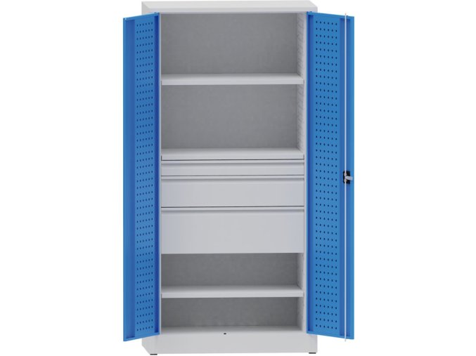 Dílenská kovová skříň na nářadí KOVONA, 2 police, 3 zásuvky, svařovaná, nosnost 50 kg, 950 x 500 x 1950 mm