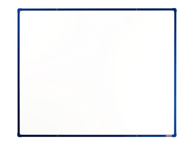 Bílá magnetická popisovací tabule s keramickým povrchem boardOK, 1500 x 1200 mm, modrý rám