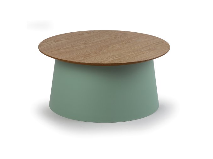 Plastový kávový stolek SETA s dřevěnou deskou, průměr 69 cm, dub/zelená