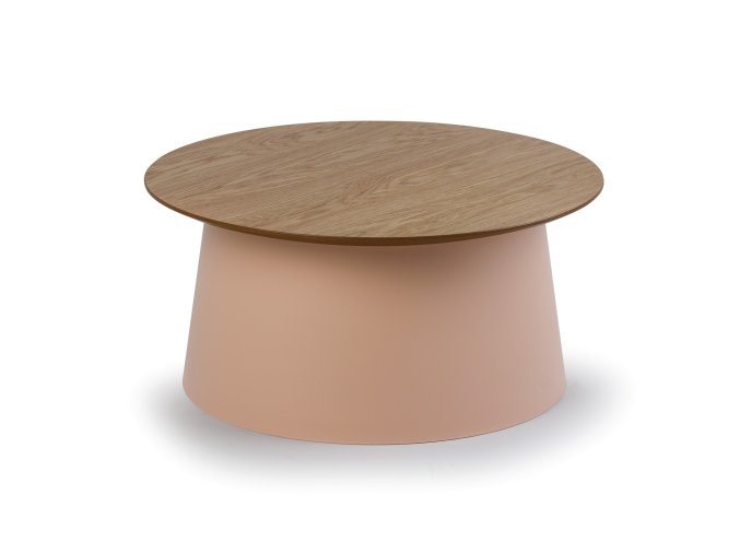 Plastový kávový stolek SETA s dřevěnou deskou, průměr 69 cm, dub/cihlová