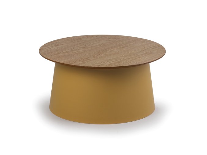Plastový kávový stolek SETA s dřevěnou deskou, průměr 69 cm, dub/okrová