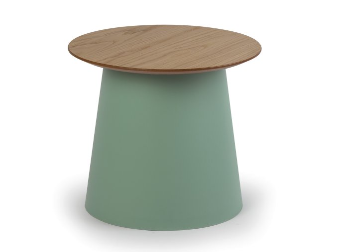 Plastový kávový stolek SETA s dřevěnou deskou, průměr 49 cm, dub/zelená