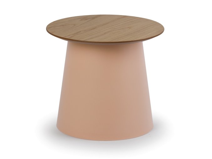 Plastový kávový stolek SETA s dřevěnou deskou, průměr 49 cm, dub/cihlová