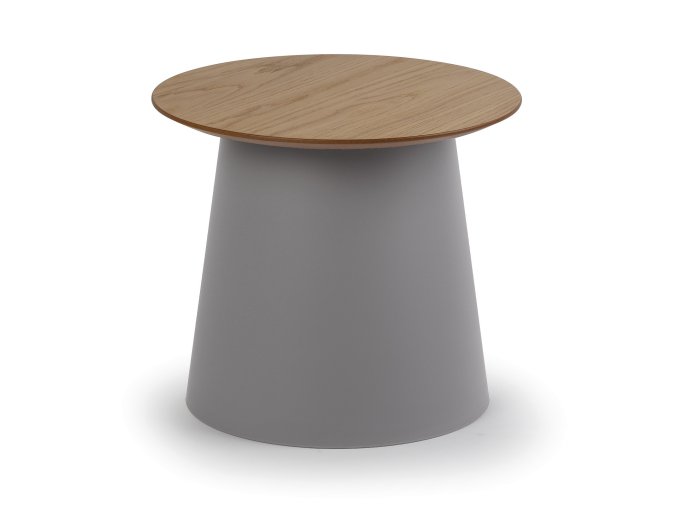 Plastový kávový stolek SETA s dřevěnou deskou, průměr 49 cm, dub/šedá