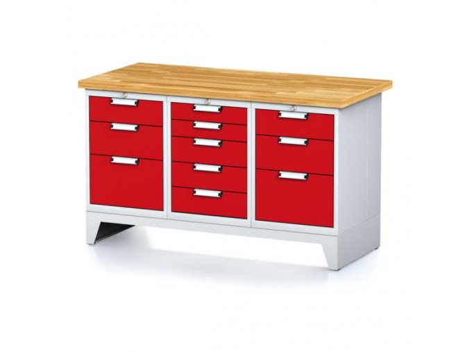 Dílenský stůl MECHANIC I, 1x 5 zásuvkový box a 2x 3 zásuvkový box na nářadí, 11 zásuvek, 1500x700x880 mm, červené dveře