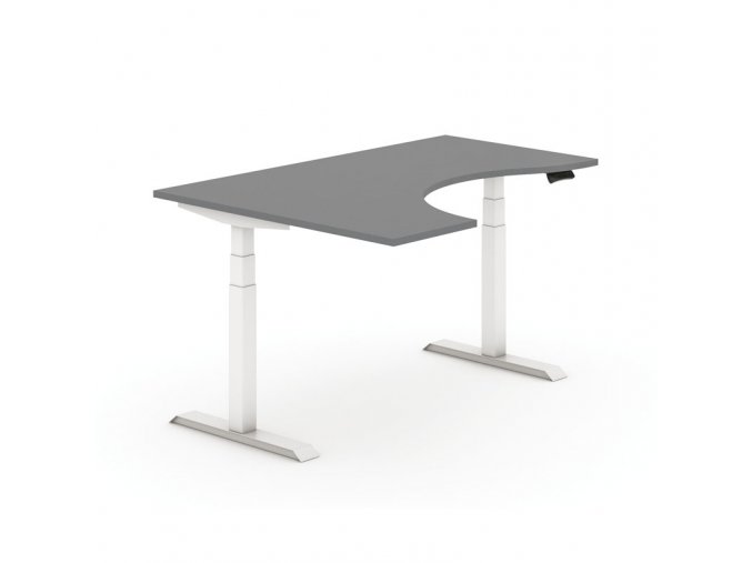 Výškově nastavitelný stůl, elektrický, 625-1275 mm, ergonomický levý, deska 1600x1200 mm, grafit, bílá podnož