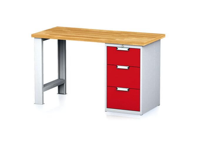 Dílenský pracovní stůl MECHANIC I, pevná noha + dílenský box na nářadí, 3 zásuvky, 1500 x 685 x 880 mm, červené dveře