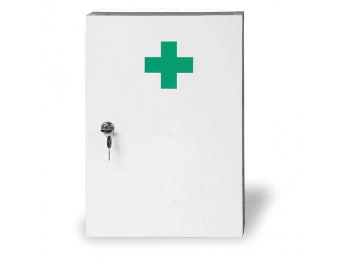 Dřevěná nástěnná lékárnička, 43x30x14 cm, bílá, DIN 13169