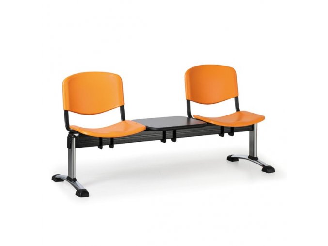 Plastová lavice do čekáren ISO, 2-sedák, se stolkem, oranžová, chrom nohy