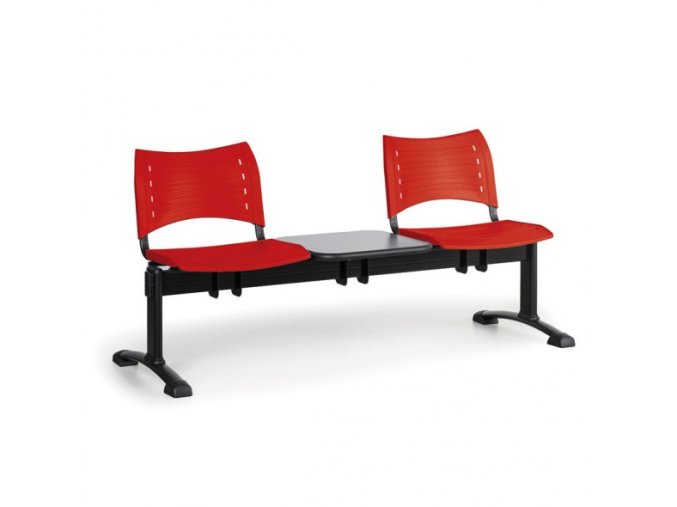 Plastová lavice do čekáren VISIO, 2-sedák, se stolkem, červená, černé nohy