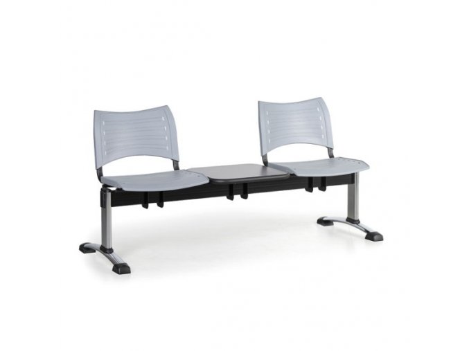 Plastová lavice do čekáren VISIO, 2-sedák, se stolkem, šedá, chromované nohy