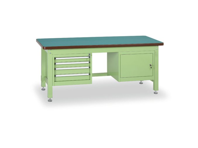 Profesionální dílenský stůl GL, 4 zásuvky, 1 skříňka, deska MDF + PVC, 2100x750 mm