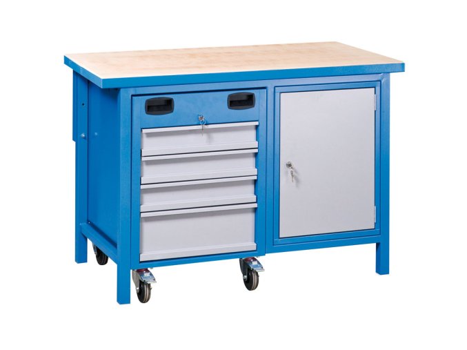 dilensky pracovni stul gd s pojizdnym boxem na naradi 4 zasuvky 1 skrinka 1190 x 600 x 850 mm modra 3438