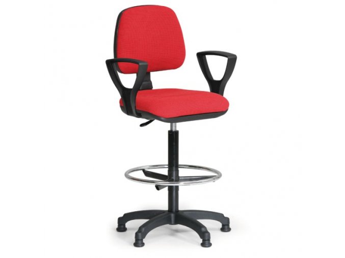 Zvýšená látková pracovní židle MILANO s područkami, opěrka nohou, kluzáky, červená